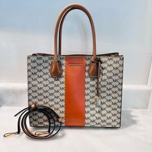 Michael Kors Womens Bag Purse MK Center Stripe Mercer Tote Natural Orange w/Cros